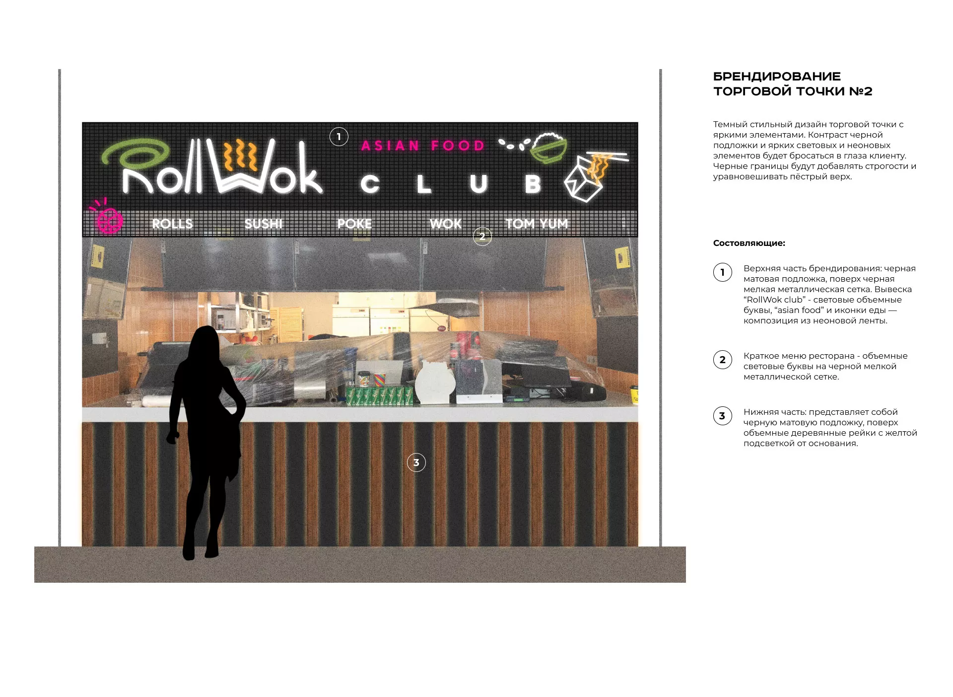 Брендирование торговых точек суши-бара «Roll Wok Club» в Богородске